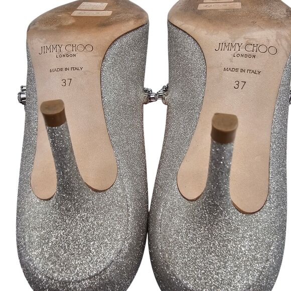 Jimmy Choo Bing Crystal Embellished Mary Jane Pump Size 37 US 7 Silver Glitter - Picture 8 of 9